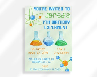 May include: A green, blue, and orange atom illustration with a green, blue, and orange molecule illustration. A birthday invitation for a 7th birthday party with the text "You're invited to Jared's 7th Birthday Experiment". The invitation includes the date and time of the party, the address, and a phone number.