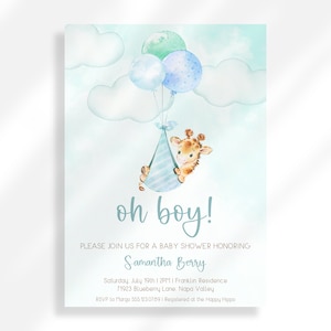 Carte d'invitation pour baby shower Oh bébé girafe modifiable, livraison spéciale baby shower, modèles d'invitation, invitation à saupoudrer de bébé Safari