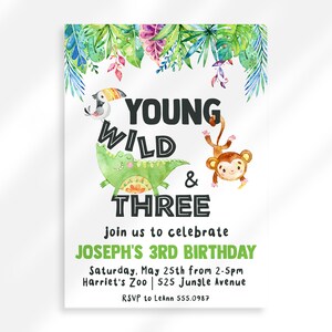 May include: A jungle-themed birthday invitation with a green alligator, a brown monkey, and a toucan. The text reads "Young Wild & Three" and includes details for Joseph's 3rd birthday party at Harriet's Zoo.