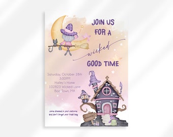Editable Pink Witch Halloween Invitation | Wicked Good Time Invitation | Kid Halloween Party Invite | Kid Halloween Costume Party Invitation