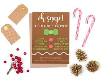 Puede incluir: Una invitación a un intercambio de galletas con temática de jengibre. La invitación presenta una casa de jengibre marrón con acentos verdes y rosados. El texto de la invitación dice "Oh snap! It's a cookie exchange." La invitación también incluye detalles sobre la fecha, la hora y la ubicación de la fiesta. El texto también dice "¡Por favor, traiga 3 docenas de galletas para intercambiar junto con la receta para compartir!"