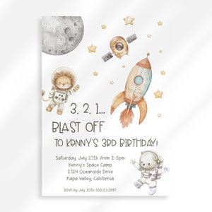 May include: A white invitation with a space theme. It features a rocket, a lion and a bear wearing astronaut suits, a moon and stars. The text reads "3, 2, 1... Blast Off to Kenny's 3rd Birthday!" with details about the party below.