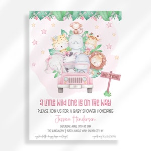Editable Girl Safari Animal Baby Shower Invitation Instant Download | Wild One Invite | Jungle Baby Shower Invitation Zoo Animal Baby Shower