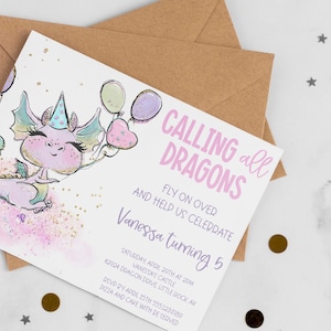 Bearbeitbare Geburtstagseinladung des Drachen Mädchen | Drachen Party Printable | Drache Fabelwesen Geburtstagsparty | Pinkes Drache Thema Birthday