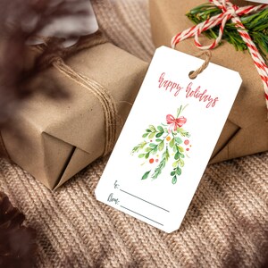 Happy Holidays Gift Tags Printable | Holiday Favor Tags | Christmas Party Gift Tags Download | Merry Christmas Mistletoe Gift Tag
