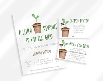 Editable A Little Sprout Is On The Way Baby Shower Invitation Bundle | Books For Baby Diaper Raffle Insert Gender Neutral Garden Baby Shower