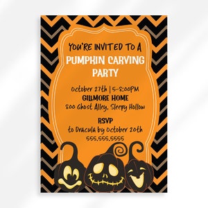 Editable Pumpkin Carving Party Invitation | Halloween Party Invitation Template | Halloween Kid Invitation | Kid Halloween Pumpkin Party