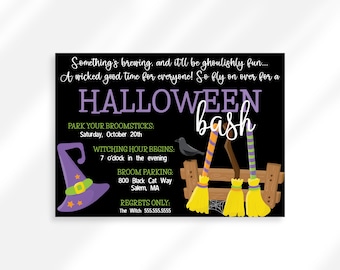 May include: A Halloween Bash invitation on a black background. The invitation includes text in white and purple, a witch's hat, a crow, and three broomsticks. The text reads "Something's brewing..." and provides event details.