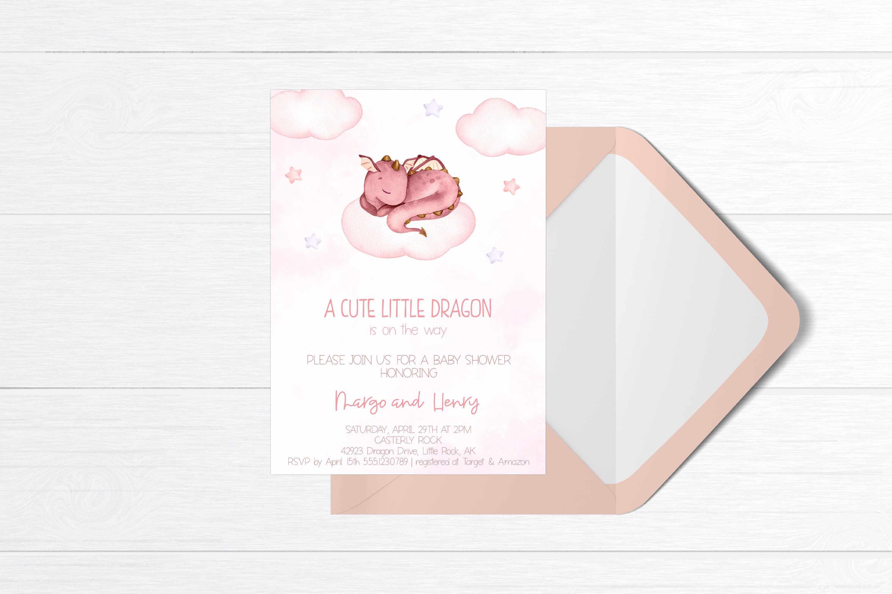 Editable Pink Dragon Baby Shower Invitation Girl Digital Download