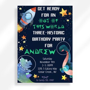 Three Historic Birthday Invitations Editable, Out Of This World Birthday Invite Printable, Astronaut Dinosaur 3rd Birthday Party Invite