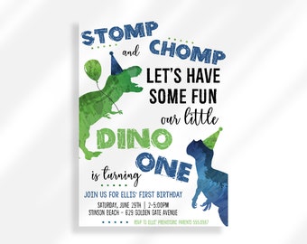May include: A green and blue dinosaur birthday party invitation with the text "Stomp and Chomp Let's Have Some Fun Our Little Dino is Turning One" and details for the party.