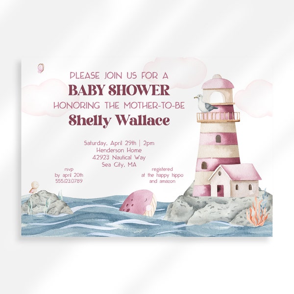 Editable Nautical Baby Shower Invitation Instant Download | Nautical Theme Baby Shower | Ahoy Baby Shower For Girl | Pink Baby Shower Invite