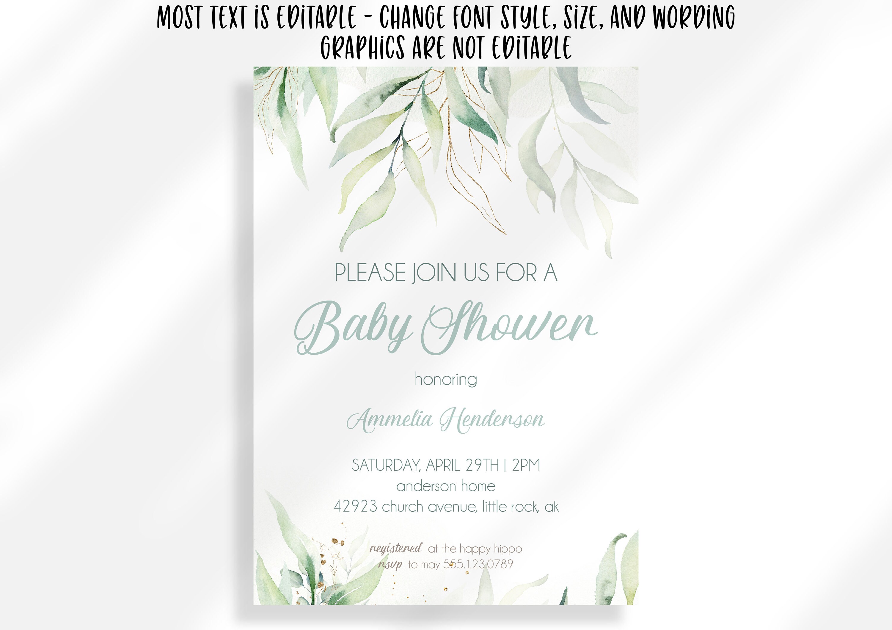 Editable Greenery Baby Shower Invitation Instant Digital Download