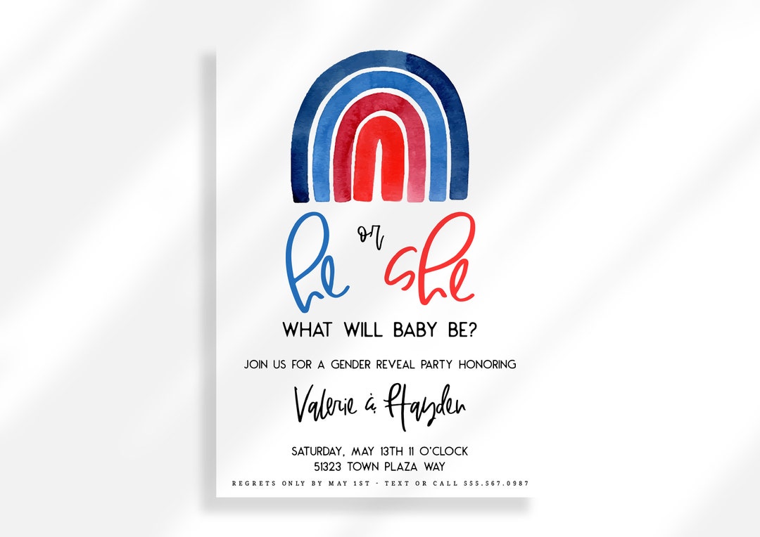 Editable Rainbow Gender Reveal Invitation Instant Download He or She