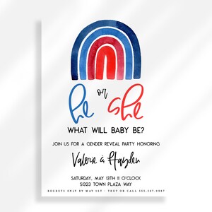 Editable Rainbow Gender Reveal Invitation Instant Download | He Or She Printable Invitation Template | What Will Baby Be Invite Red Or Blue