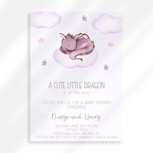 Redigerbar lila drake babyshowerinbjudan flicka | Söt draktema babyshower | Mytiska varelser babyshowerflicka | Drakebarnrum