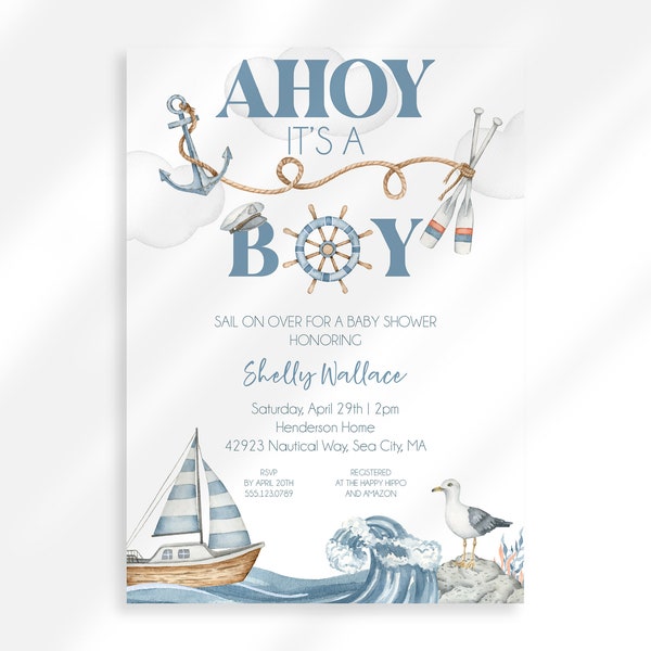 Editable Ahoy Its A Boy Baby Shower Invitation | Nautical Theme Baby Shower Instant Download | Ahoy Baby Shower For Boy | Blue Baby Shower