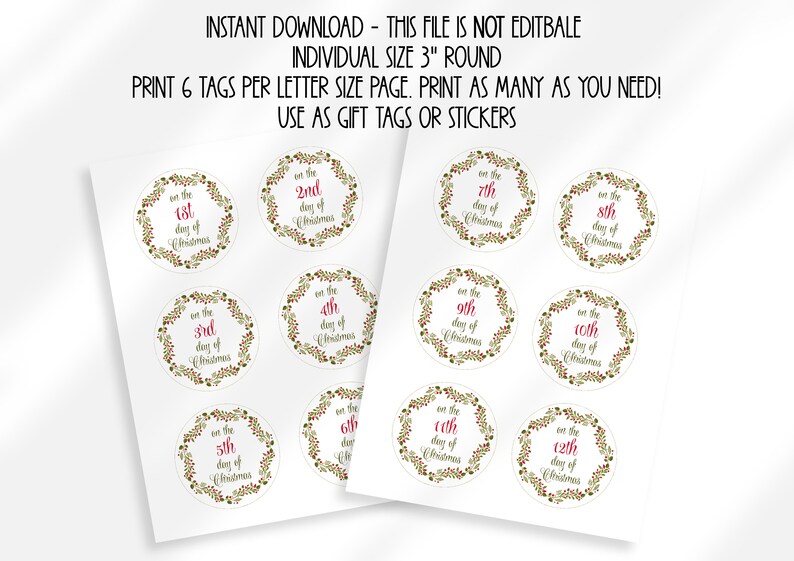 12 Days of Christmas Gift Tags Cards Digital Instant Download 3" Round ...