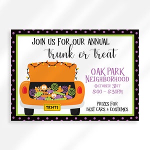 Editable Trunk Or Treat Flyer | Trunk Or Treat Invitation | Community Halloween Event | Kids Halloween Trick Or Treat Halloween Party Invite