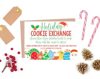 Convite editável para troca de biscoitos de feriado | convites de festas do biscoito do Natal | Troca de biscoitos de <br> Entrega Rápida? Convite para festa de feriado de biscoito de açúcar