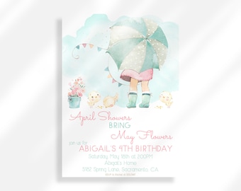 Editable April Showers Bring May Flowers Birthday Invite Digital Download | Spring Birthday Invite | Pink Spring Birthday Party For Girl