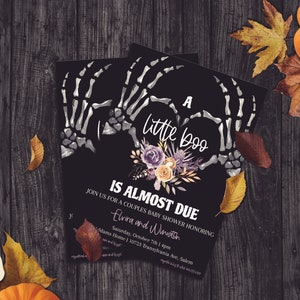 Editable Skeleton Love Hands Baby Shower Invitation For Girl | Gothic Baby Shower Invite | A Little Boo Invite Halloween Floral Baby Shower