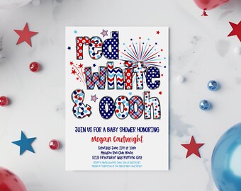 Red White and Due All American Baby Shower Invitation Printable, Gender Neutral Patriotic Baby Sprinkle Invite Editable, 4th of July Baby