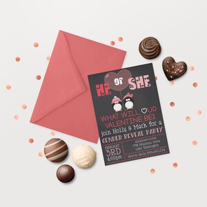 Editable Valentine Gender Reveal Printable Invitation Template | He or She What Will Baby Be | Penguin Invitation | Pink And Red Valentine