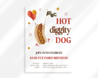 Hot Diggity Dog Birthday Party Invite Printable, BBQ Birthday Invitation Editable, Summer Birthday Bash evite Digital Download, Cookout