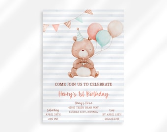 Convite editável do aniversário do urso | primeiro menino do convite do aniversário | Aniversário do balão convida | O aniversário do urso de peluche convida | Beary garoto fofo