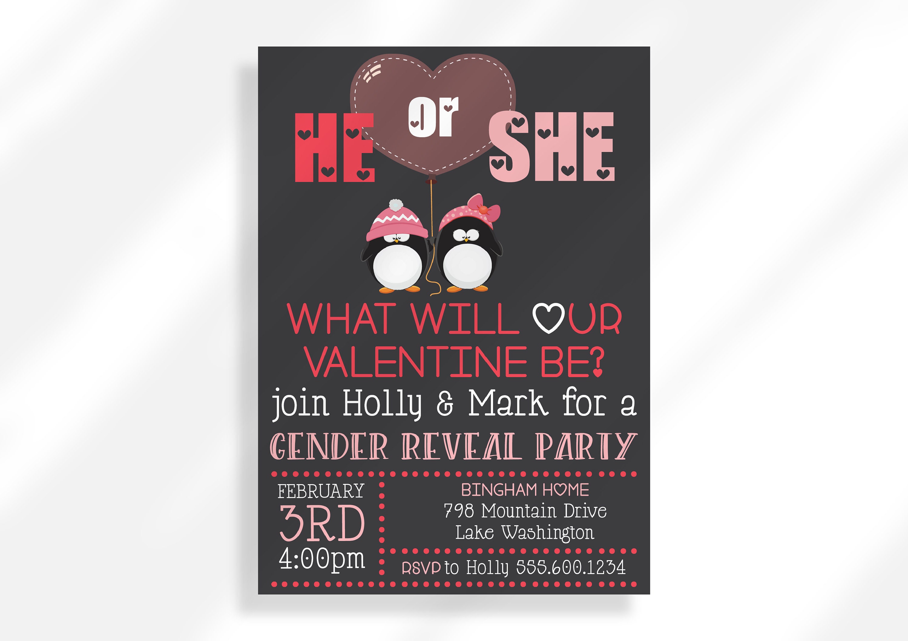 Editable Valentine Gender Reveal Printable Invitation Template He or