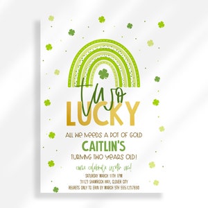 Editable Two Lucky Birthday Invitation Instant Digital Download | Green Second Birthday St Patricks Day | Printable Invitation Template