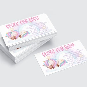 Eenhoorn babyshowerboeken voor baby insteekkaart afdrukbaar, magische baby bring a book showeruitnodiging invoegen, regenboog babyboekverzoekkaarten
