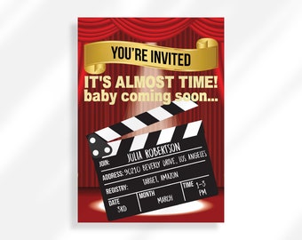 Może przedstawiać: Czerwono-złote zaproszenie na baby shower z klapą filmową i tekstem "You're Invited It's Almost Time! Baby Coming Soon..."  Dołącz: Julia Robertson Adres: 90210 Beverly Drive, Los Angeles Lista prezentów: Target, Amazon Data: 3rd Miesiąc: Marzec Godzina: 1-3 PM