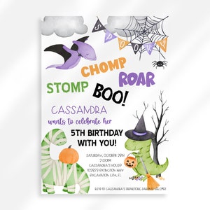 May include: A Halloween-themed birthday invitation with a green dinosaur wearing a witch's hat and holding a pumpkin. The text reads "Cassandra wants to celebrate her 5th birthday with you!" and includes details about the party, such as the date, time, and location.