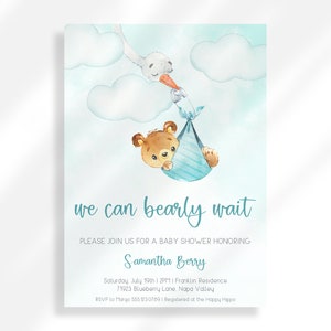 Editable Teddy Bear Baby Shower Invitation Boy Instant Digital Download | Printable Invitation Template | We Can Barely Wait Stork Delivery