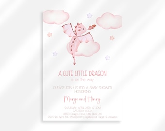 Editable Pink Dragon Baby Shower Invitation Girl | Pink Baby Shower Invite | Dragon Theme Baby Shower | Pink Mythical Creatures Baby Shower