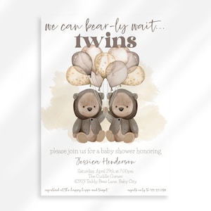 Editable Twin Baby Shower Invitation Instant Download | Twin Teddy Bear Theme Baby Shower Gender Neutral | We Can Bearly Wait Baby Shower