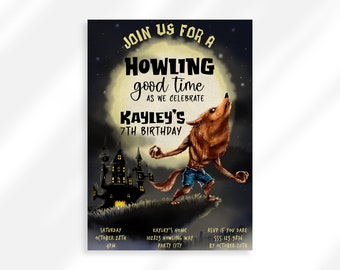 Werewolf Birthday Invitation Kid Halloween Party Invitation, Halloween Costume Party Birthday Howling Good Time Werewolf Invitation Editable