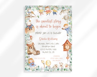 Invitación editable al baby shower con rima infantil / Invitación al baby shower de Mother Goose / Invitación al baby shower con libro de cuentos / Hey Diddle Diddle