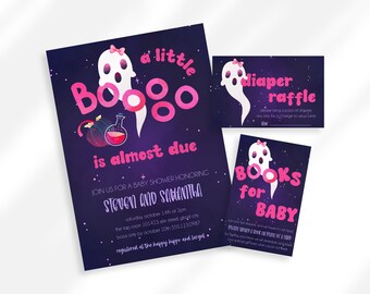 May include: A purple and pink baby shower invitation with a ghost and the text "a little Boo is almost due". The invitation includes the names "Steven and Samantha" and details for the event. There are also two smaller cards, one for a diaper raffle and one for a book drive.