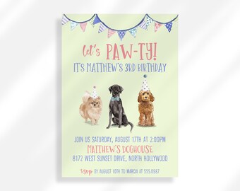 Editable Dog Birthday Invitation for Instant Digital Download | Printable Invitation Template | Kids Birthday Party Dog Puppy Party