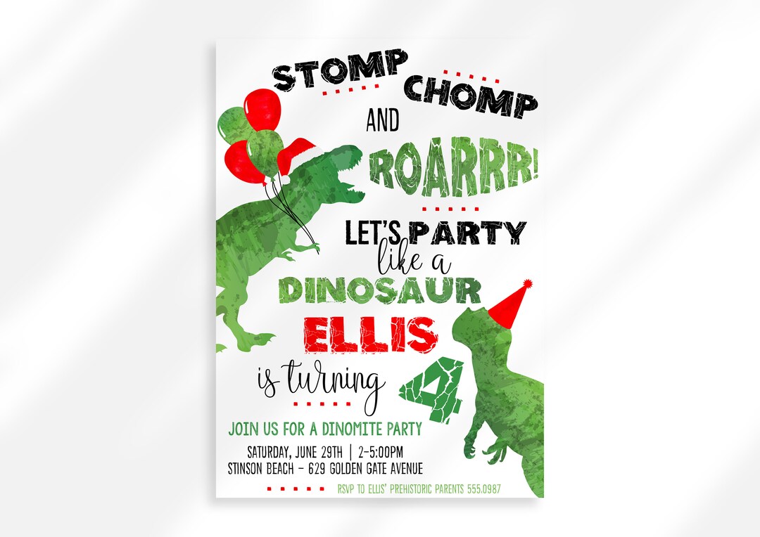Editable T-Rex Dinosaurio 4 Invitaciones De Cumpleaños Descarga Instantánea