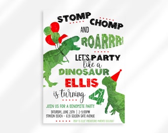Stomp Chomp and Roar Christmas Dinosaur Birthday Party Invitation Digital Download, Party Like A Dinosaur 4th Birthday Invite Printable