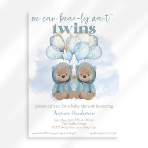 Editable Blue Twins Baby Shower Invitation | Teddy Bear Theme Baby Shower For Boy | Twin Boys Baby Shower Invitation | We Can Bearly Wait