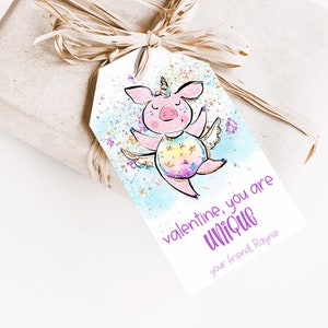 Cartão infantil editável do dia dos namorados para a escola | Tag do dia dos namorados do unicórnio | Tag do favor dos namorados da escola para crianças | Etiqueta de lembrancinha para festa de fazenda