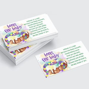 May include: Instead of a card, we have one small request. Please bring a book that you think is the best. We hope you will write a special line or two so each time we read it, we will think of you.  The card features a watercolor illustration of a purple, green, and yellow king cake.