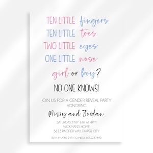 Editable Pink Blue Gender Reveal Invitation Template | Minimalist Gender Reveal Party Invite Ten Little Fingers Ten Little Toes Gender Party