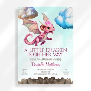 Editable Dragon Baby Shower Invitation Girl | A Baby Is Coming | Baby Shower For Her | Mythical Creatures Baby Shower Invite | Pink Dragon