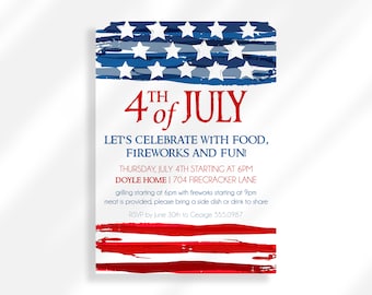 May include: A white invitation card with a patriotic theme. The top features a blue and white stars and stripes design, and the bottom has red stripes. Text reads "4th of July" and event details.